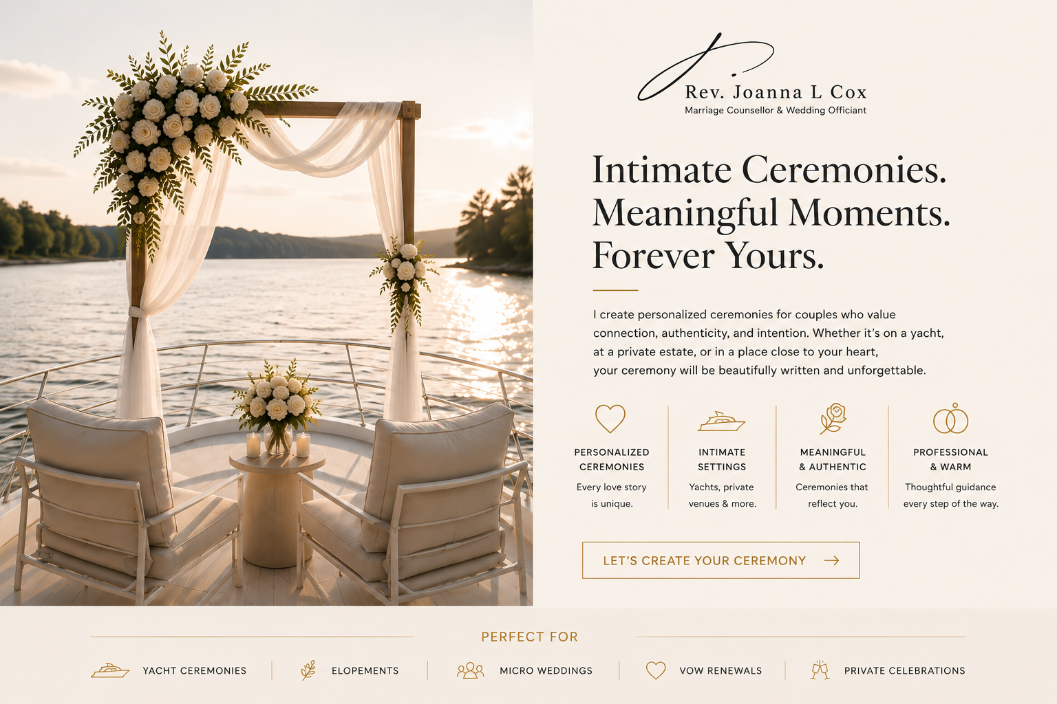 Rev. Joanna L. Cox, wedding officiant for intimate weddings, elopements, yacht ceremonies and vow renewals in Collingwood, Sudbury Ontario.
