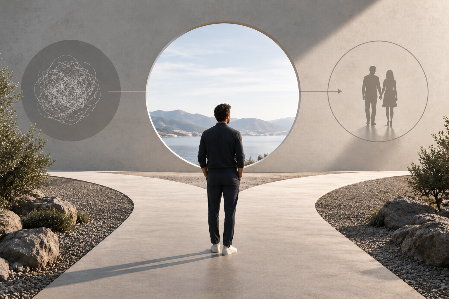 Man standing at a crossroads representing unconscious relationship patterns and the choice to create healthier relationships.