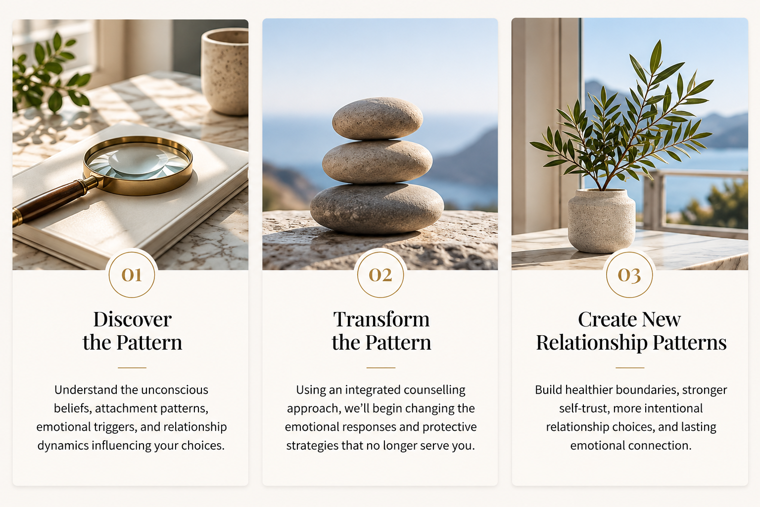 Three-step process to discover unconscious relationship patterns, transform emotional responses, and create healthier relationships.