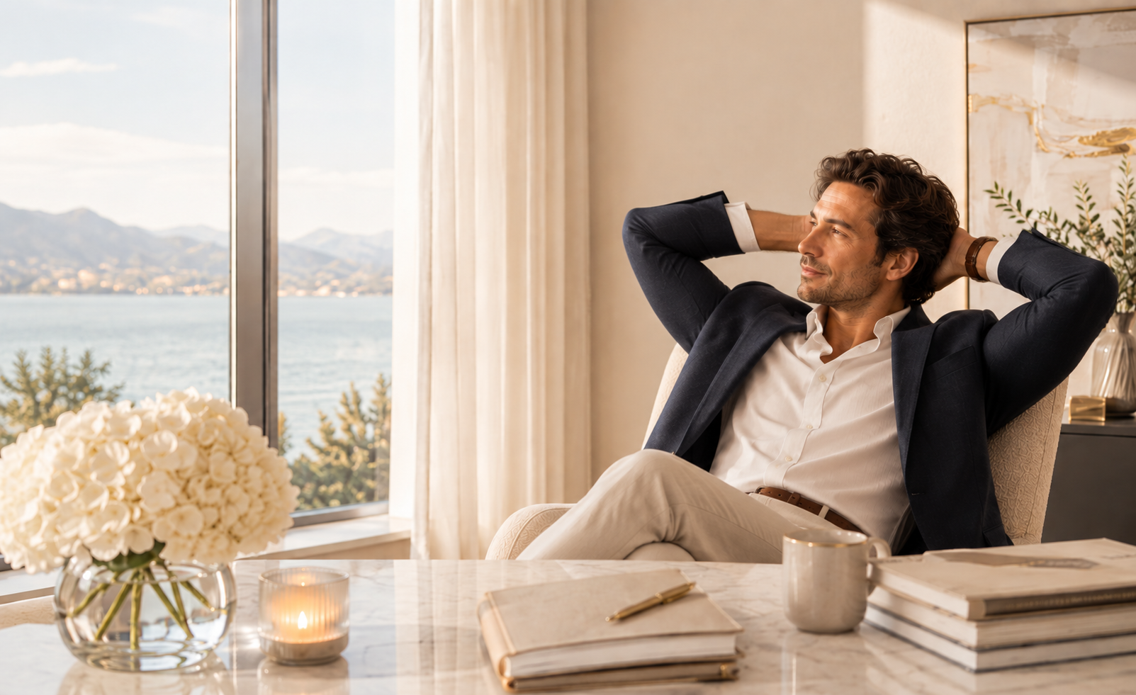 Successful single man reflecting on relationship patterns during a private relationship intensive with Joanna L. Cox.
