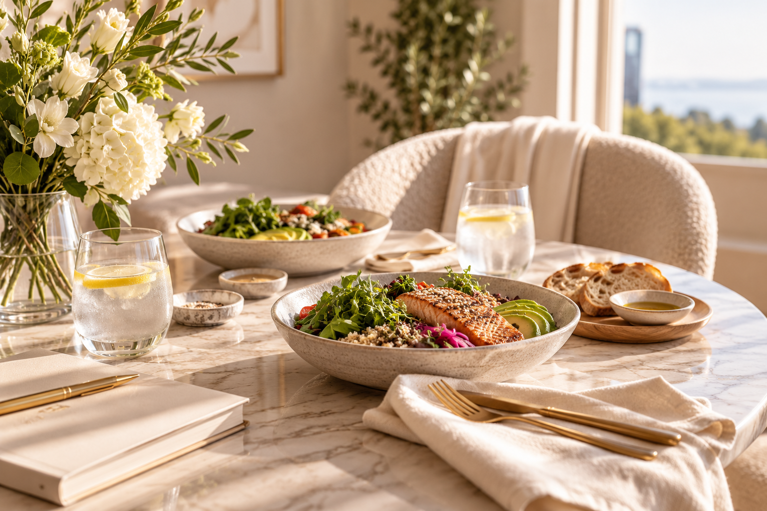 Elegant catered lunch for two featuring fresh salmon salads, artisan bread, lemon water, white flowers, and gold cutlery in a bright, private setting for the Rewrite Your Love Algorithm™ One-Day Intensive.