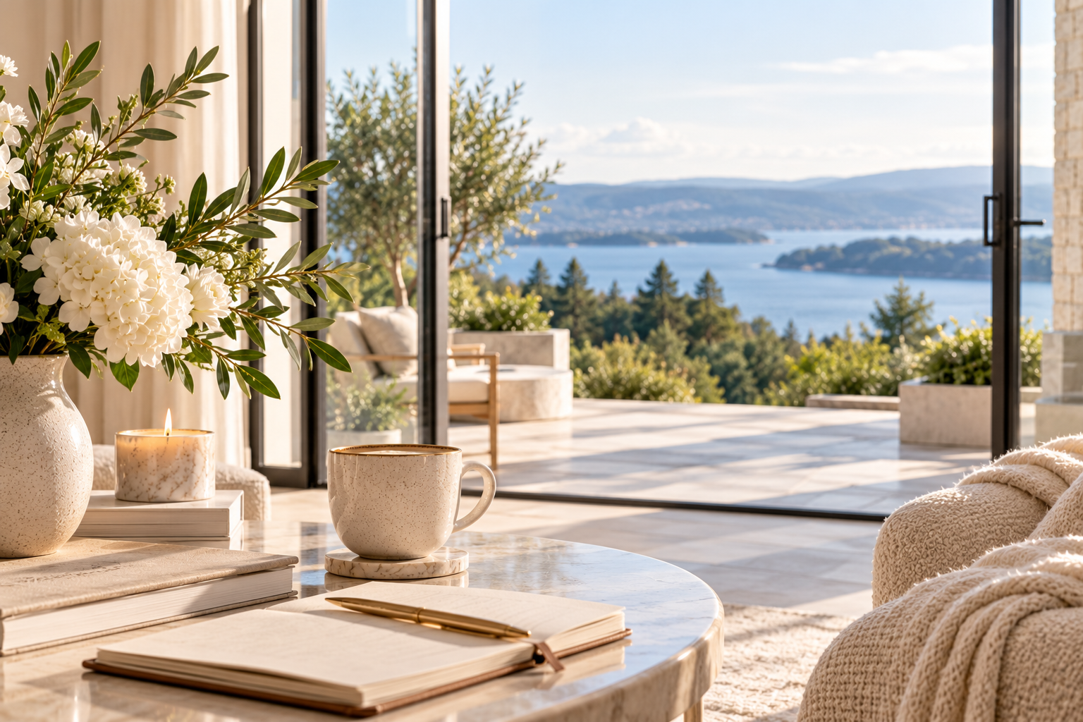 Elegant, sunlit private retreat setting with a journal, coffee, white flowers, and a candle overlooking a peaceful lake and wooded landscape, symbolizing reflection, clarity, and new beginnings.