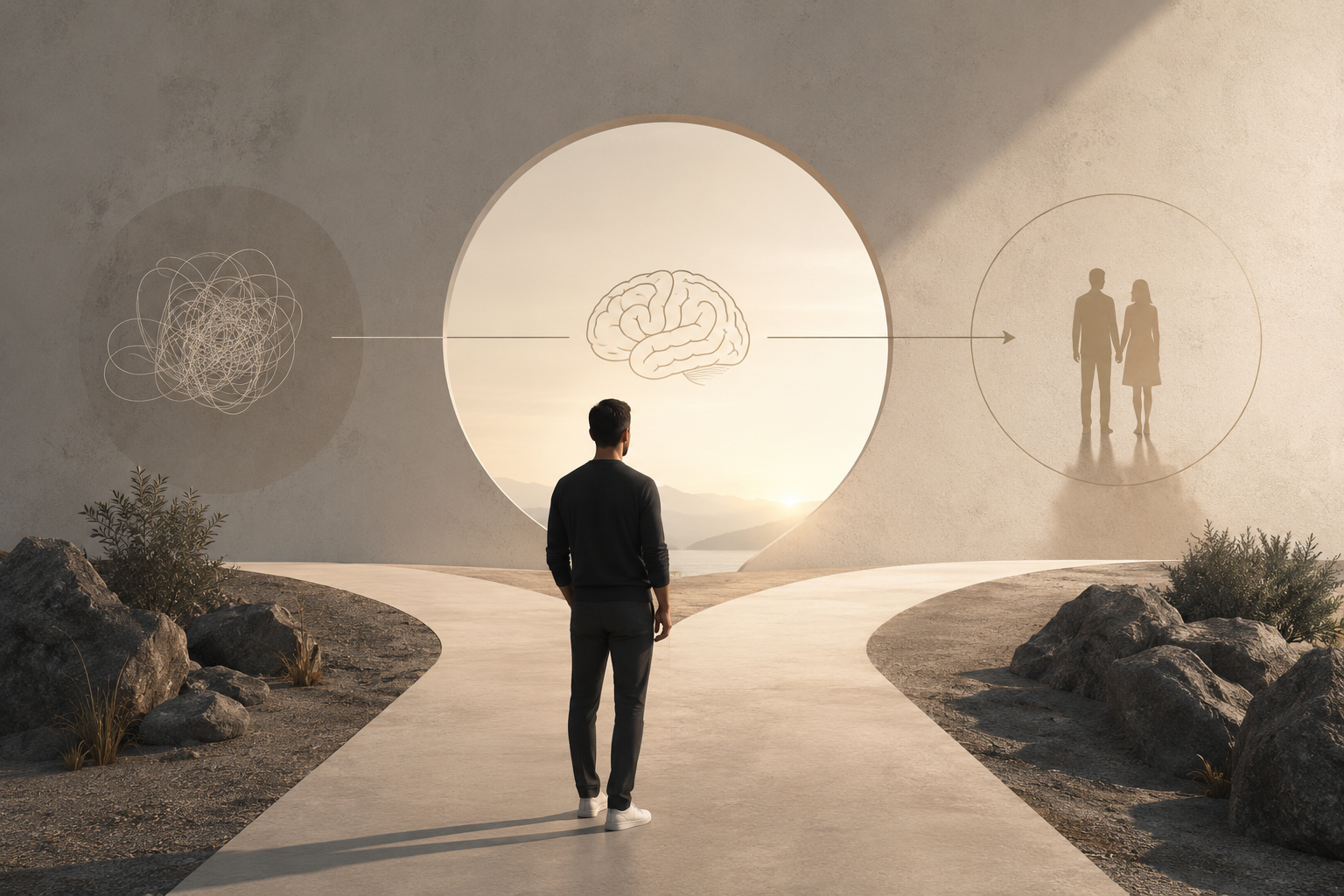 Man walking toward conscious awareness, representing the transformation of unconscious relationship patterns, attachment beliefs and emotional growth.