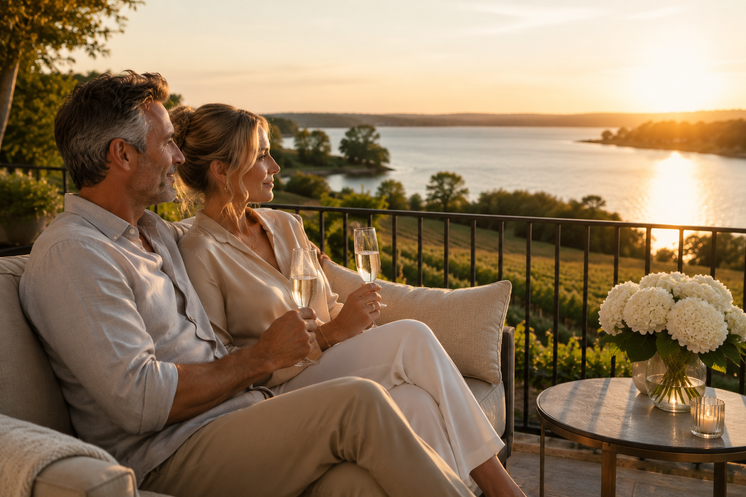 Couple reconnecting during a private relationship retreat in Ontario.