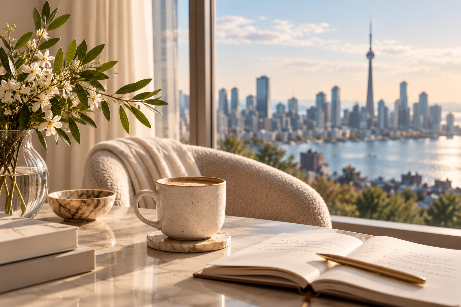 Elegant morning setting with a ceramic coffee mug, open journal, and fresh white flowers beside a sunlit window overlooking the Toronto skyline, creating a calm, welcoming atmosphere for the Rewrite Your Love Algorithm™ private one-day intensive.