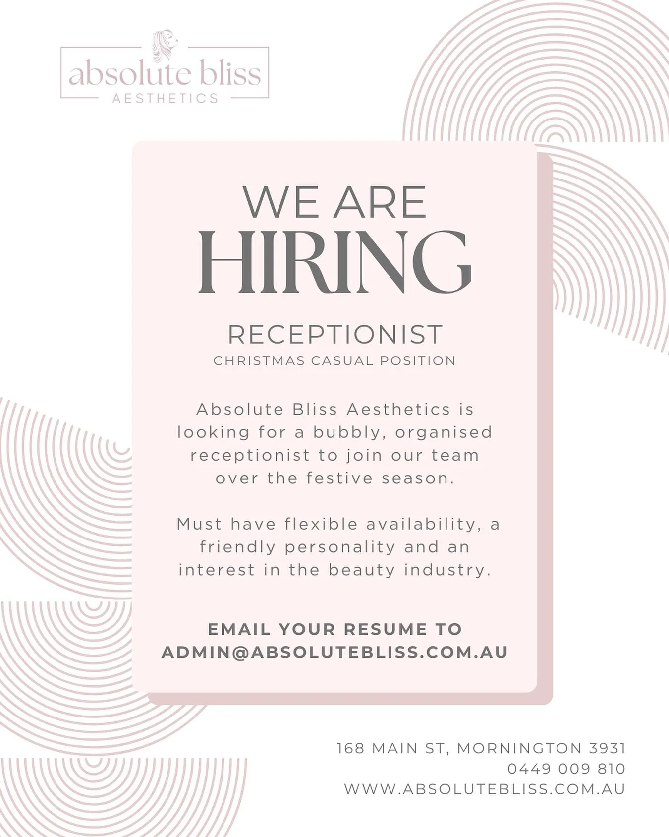 We&rsquo;re on the hunt for a friendly, organised receptionist to keep the salon running smoothly during the festive rush!

If you&rsquo;re passionate about beauty, love working with people and bring great vibes, we&rsquo;d love to hear from you. 

?