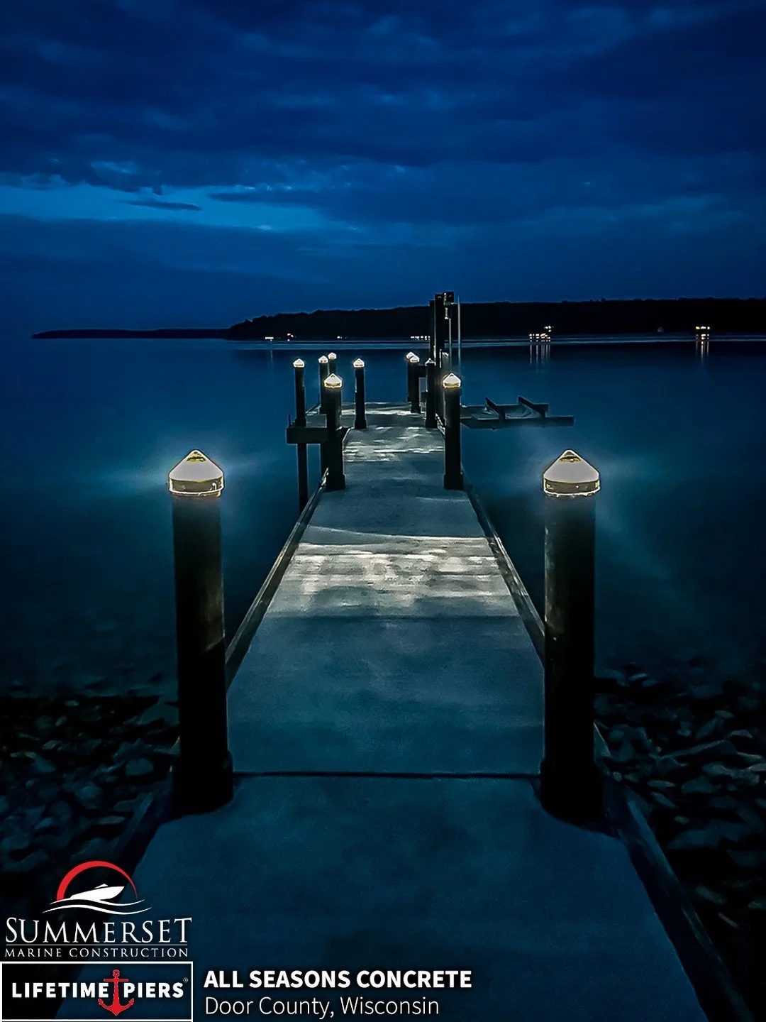 Some piers disappear after sunset. Ours come to life.
This Lifetime All Seasons Concrete pier is designed to perform in every condition &mdash; and shine through every hour. A quiet masterpiece of strength, light, and permanence.

Learn more using th