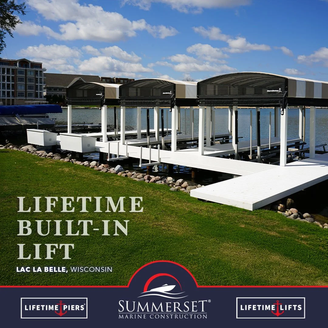 Lifetime Built-In Lifts
Seamless integration. Effortless protection.

Why homeowners choose built-in lifts:
&bull; Clean, integrated pier design
&bull; Smooth, reliable lift operation
&bull; Helps protect your boat from waves and daily wear
&bull; En