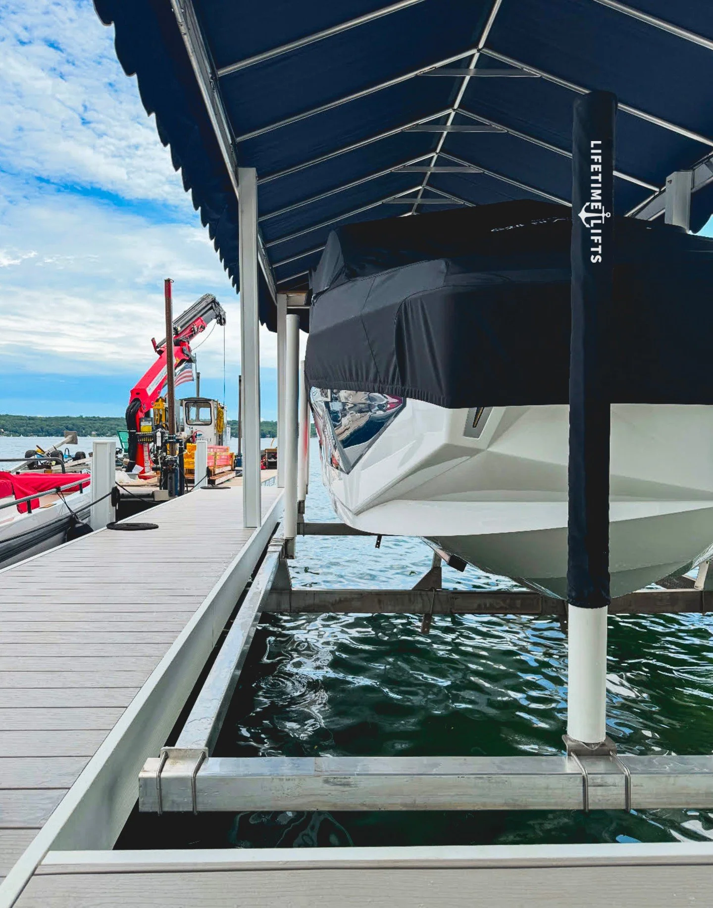 This is what low-hassle lake days look like.

A Lifetime Built-In Lift tucked into a pier means you can cruise in, lift up, and get on with your day. No extra steps, no extra stress, just a clean, easy routine that keeps your boat protected and ready