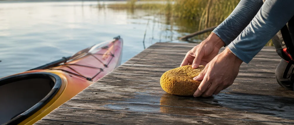 Maintaining and cleaning a wooden pier along a Wisconsin lakefront shoreline.
