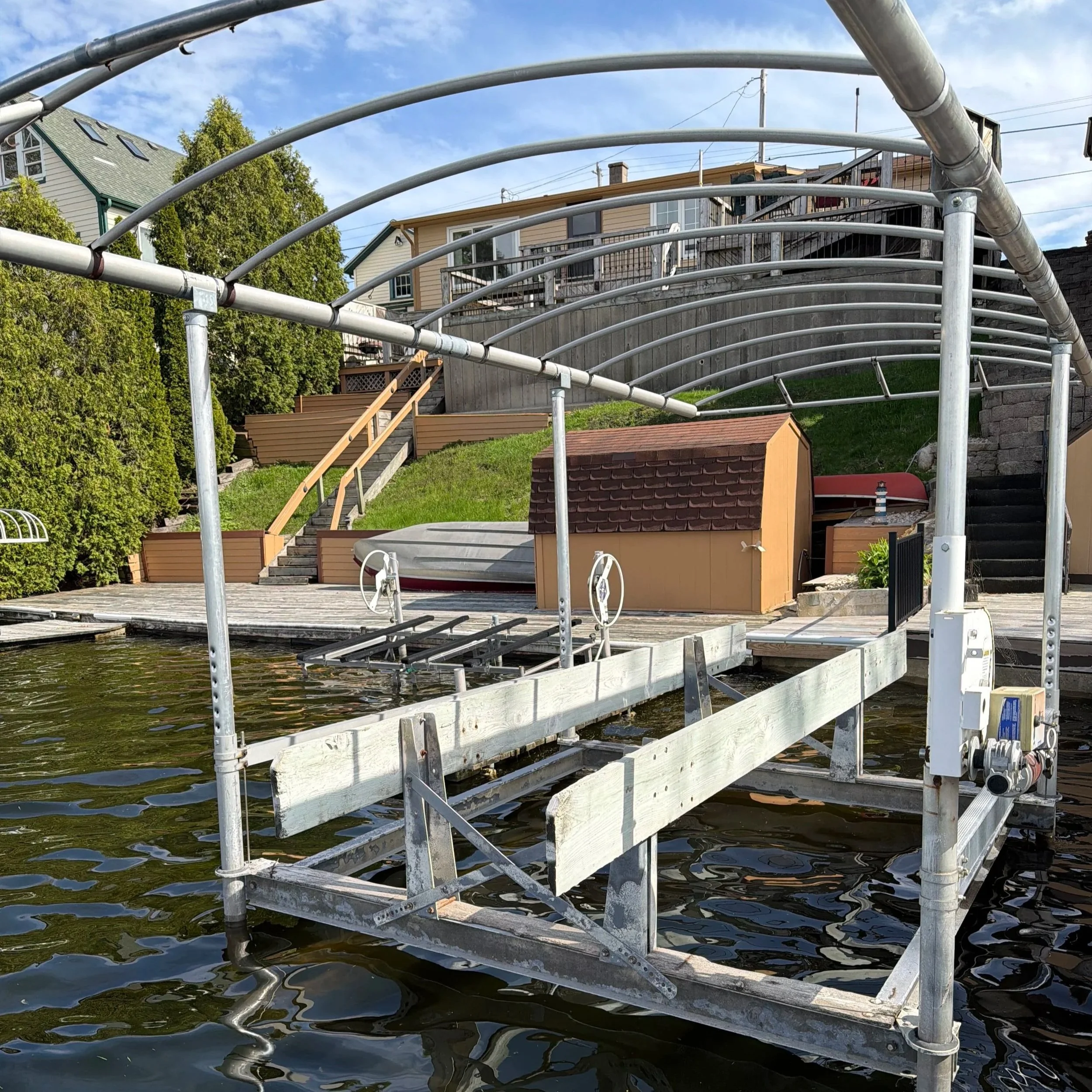 Used ShoreStation 3,000 lb Boat Lift – AC Lift Tech with 24' x 108" Canopy (Right Set) (870-294)