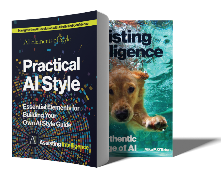 Two books with colorful covers. The first book titled 'Practical AI Style' features a dark background with a vibrant, circular, pixelated pattern and text about AI style and intelligence. The second book, partially visible, shows a dog swimming in water, with text about AI listing and intelligence.