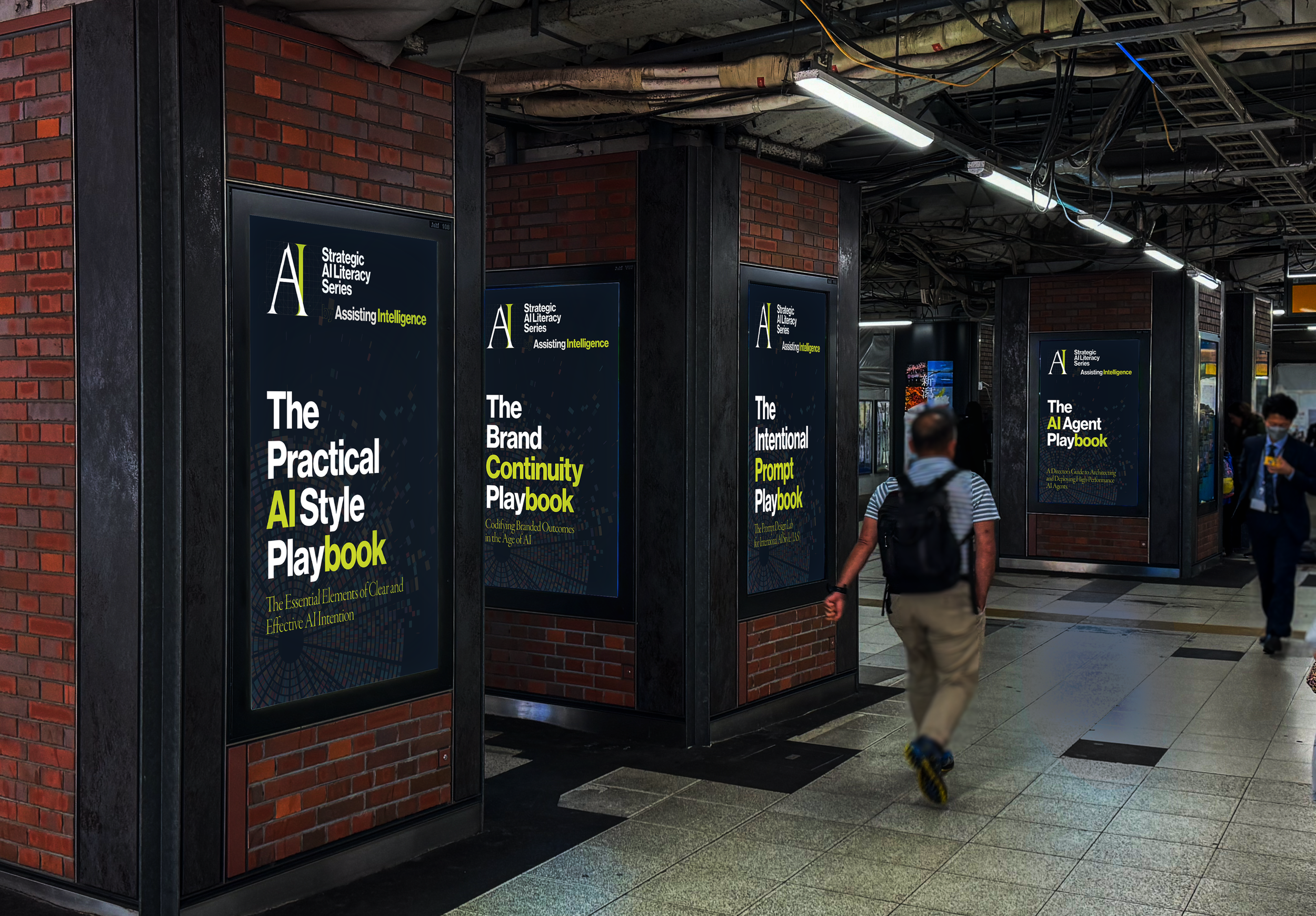 Advertising display posters in a subway station promoting AI literacy and strategic AI books, featuring titles such as "The Practical AI Style Playbook," "The Brand Continuity Playbook," and "The Intentional Prompt Playbook."