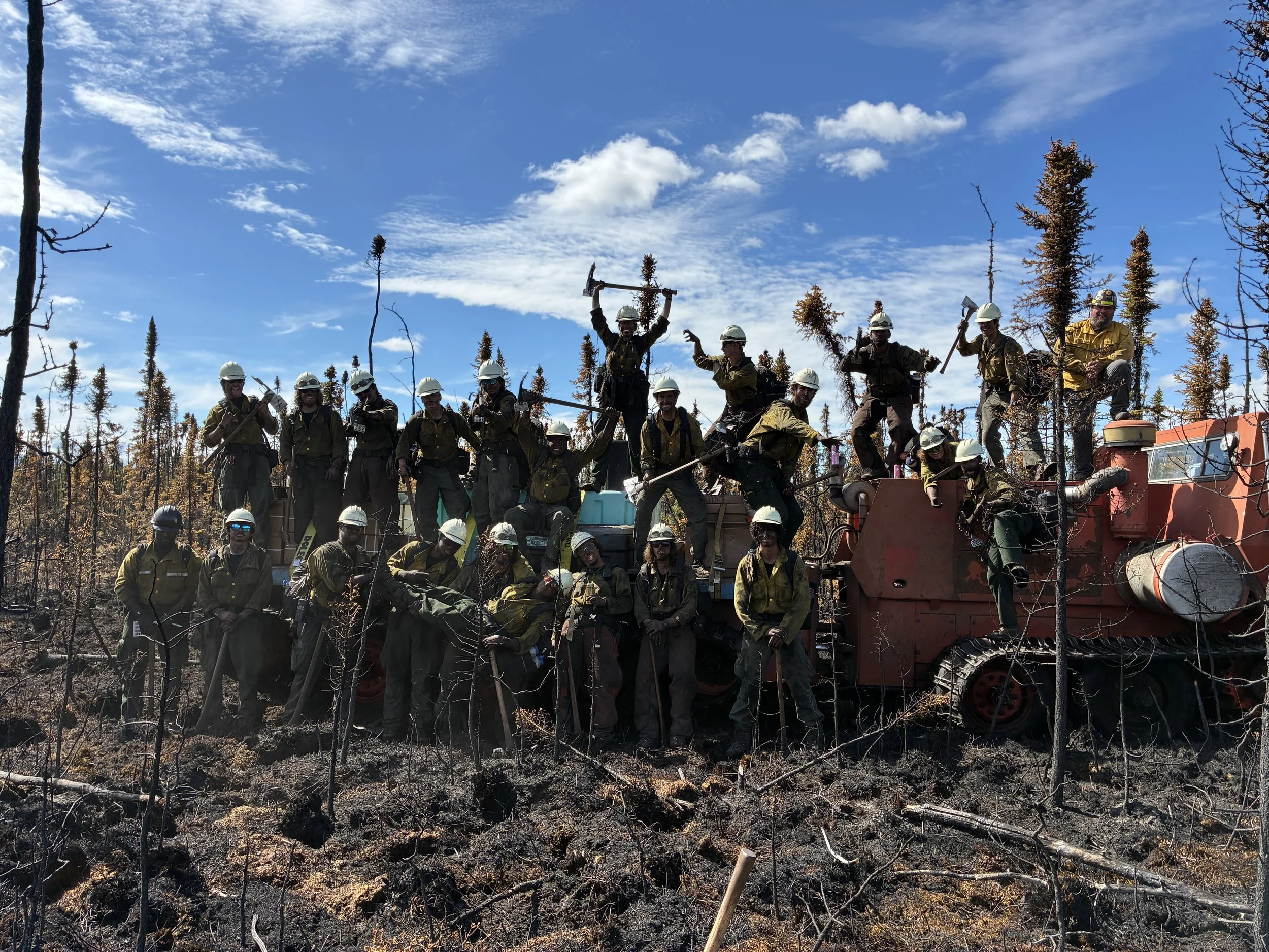 Group of firefighters in protective gear and helmets on a fire truck in a forest with burnt trees and blue sky.