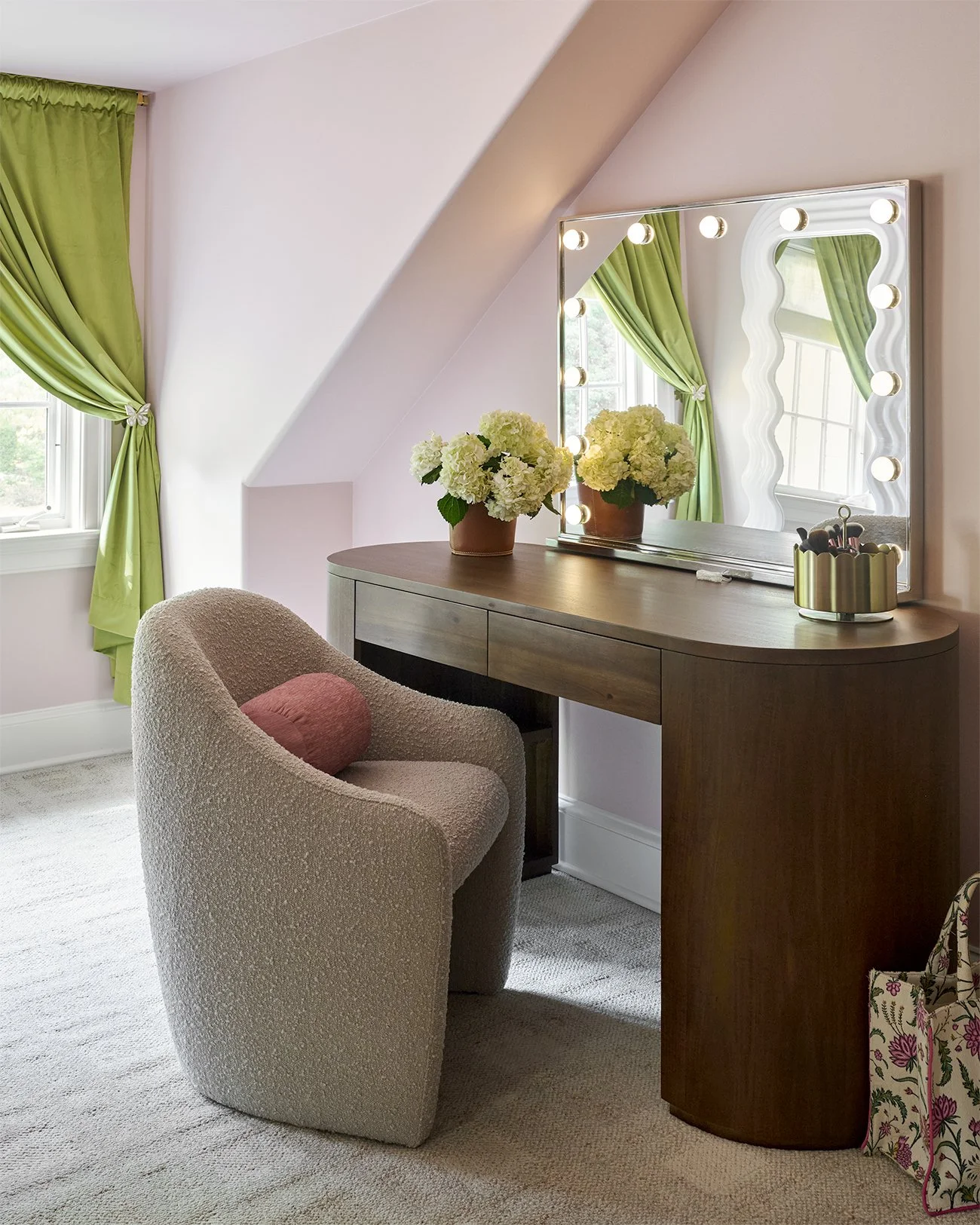 pink and green tween bedroom interior design main line philadelphia makeup vanity station with light up mirror