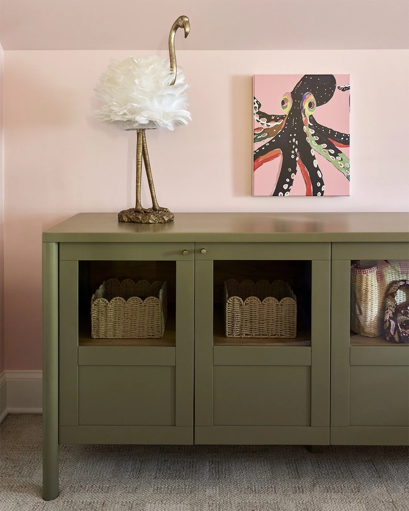 pink and green tween bedroom interior design main line philadelphia green sideboard flamingo lamp octopus art