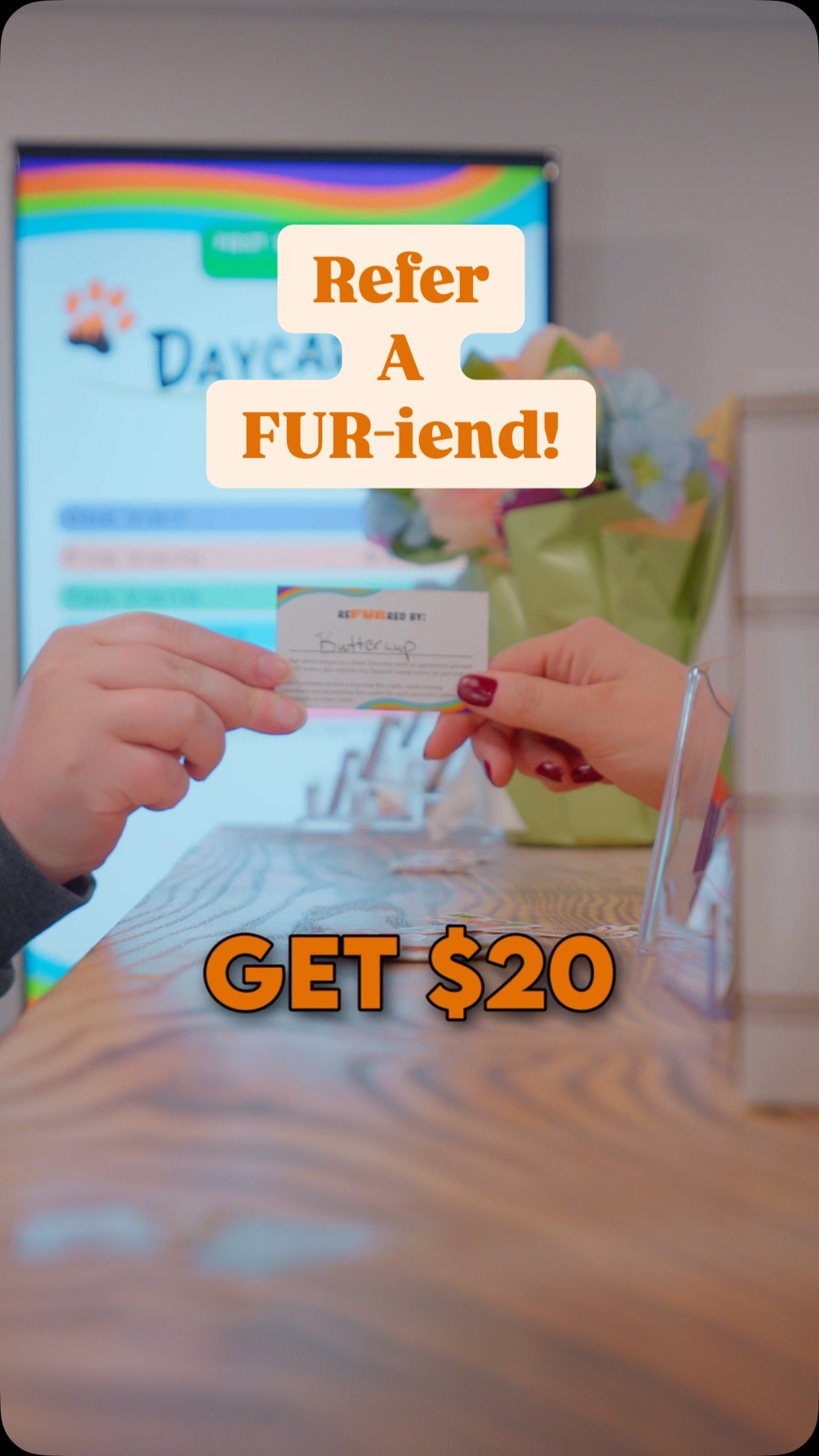 🧡🐾 Love Puptown Lounge? 🐾🧡
Now you can share the love—and earn rewards!
Our ReFUR-a-FURiend program is the easiest way to spread the word:
1. Pick up a referral card at the front desk.
2. Give it to a friend whose pup needs some Puptown
