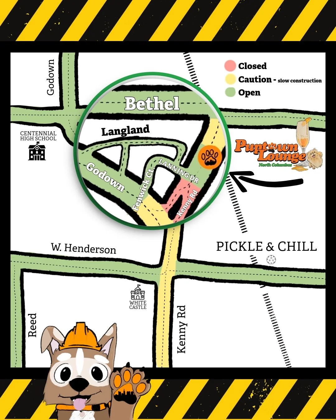 🚧 Kenny Rd Traffic Update 🚧

If you&rsquo;re heading to our North Columbus location, please be aware that a section of Kenny Rd near Puptown is currently closed due to construction.

🐾 Good news: Puptown Lounge North Columbus is still OPEN and acc