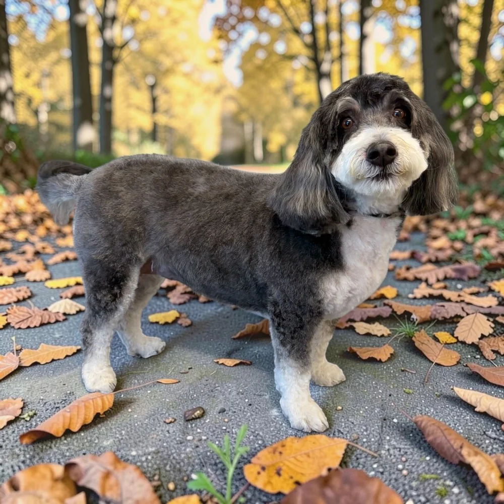 Freshly groomed parti doodle on a fall path