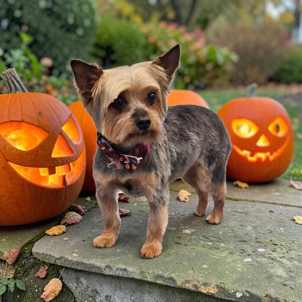 Yorkie with a fresh cut and Halloween bow by jack-o-lanterns