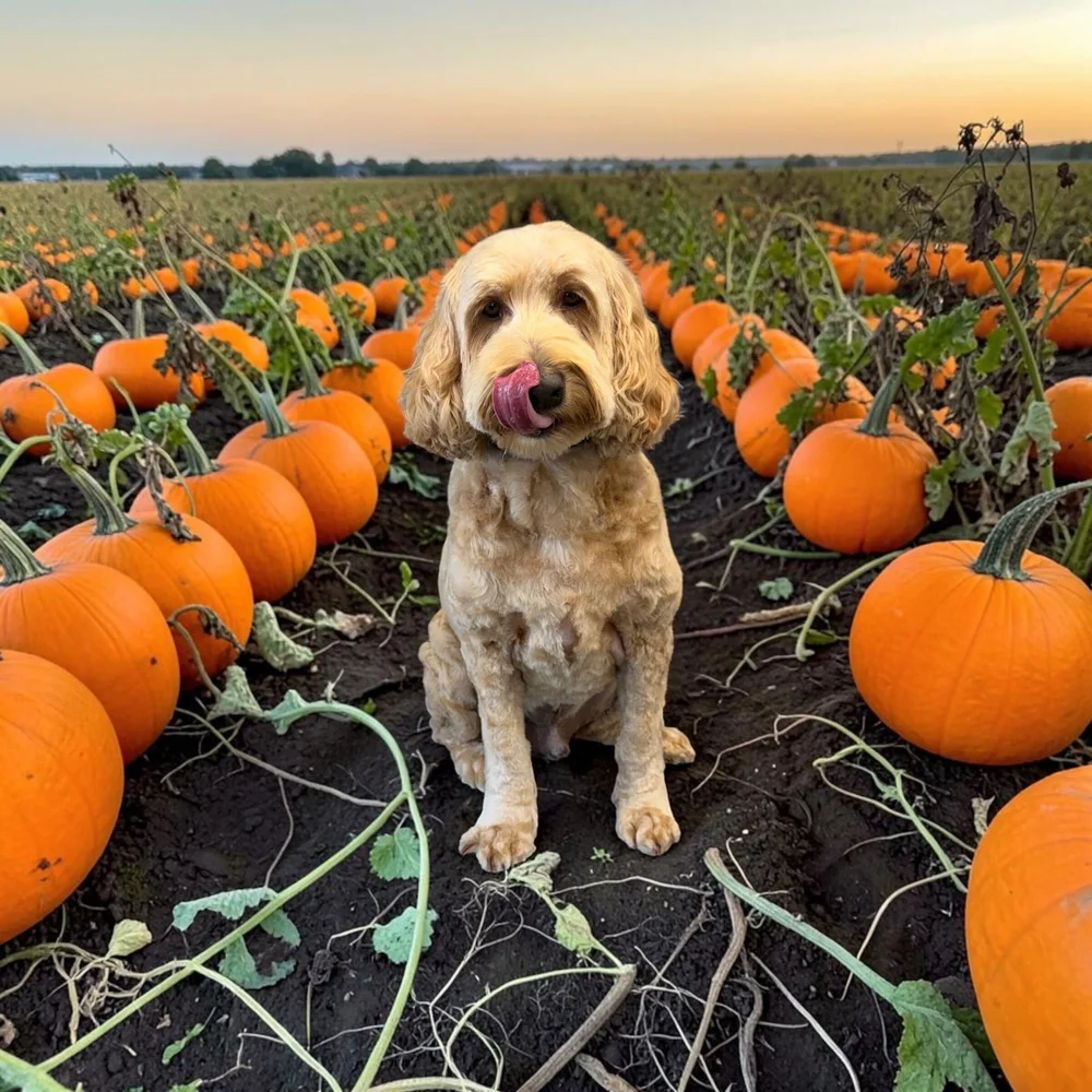 Freshly groomed doodle sitting in a pumpkin patch
