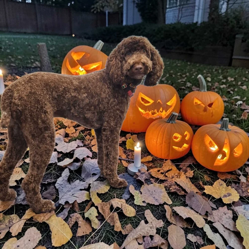 Chocolate poodle with a fresh cut beside carved pumpkins