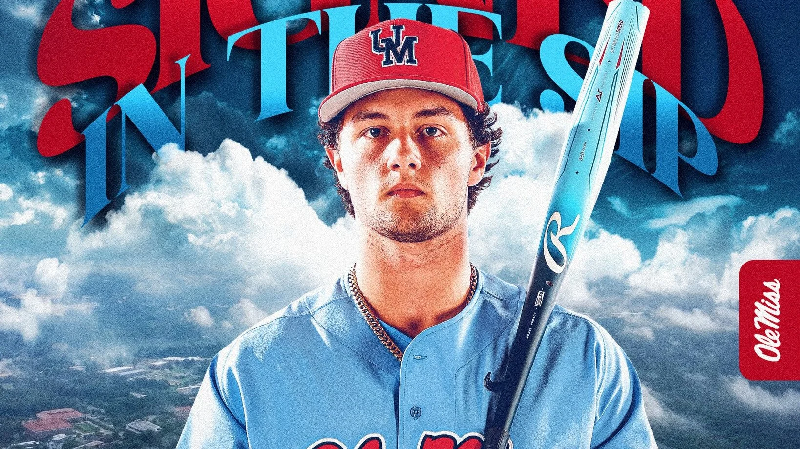 A baseball player in a red cap and blue jersey holding a bat with clouds and stylized text in the background. Ole Miss logo in the corner.
