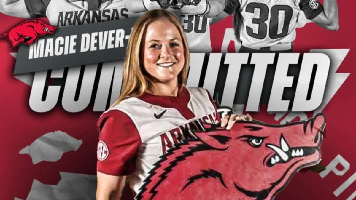 Female athlete holding Arkansas Razorbacks logo, with text "Committed" on a red and white background, featuring Arkansas imagery.