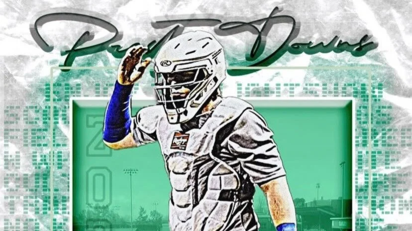 Baseball player in catcher's gear and helmet, with a stylized background and text. Artwork is digitally enhanced with a green and white theme.