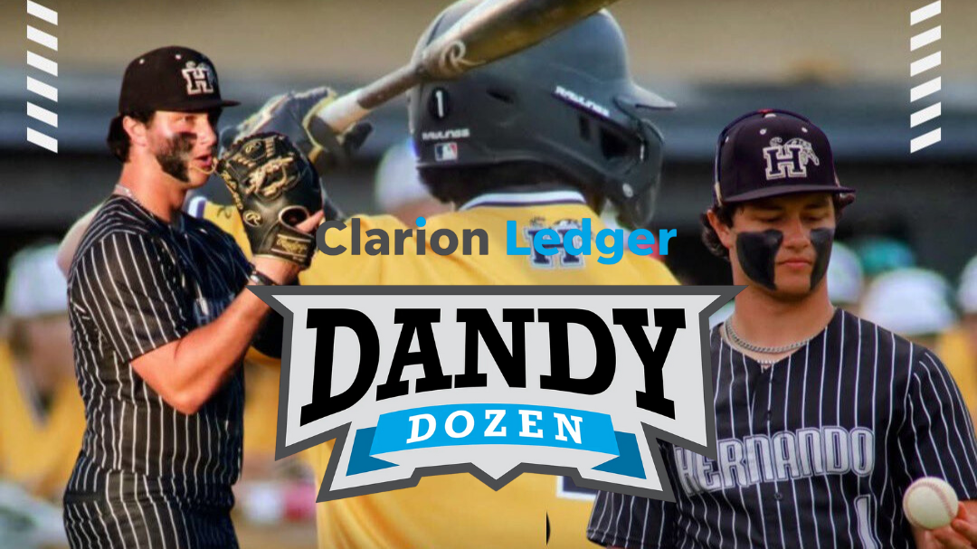Baseball players wearing striped uniforms and helmet, "Clarion Ledger" and "Dandy Dozen" text overlay.