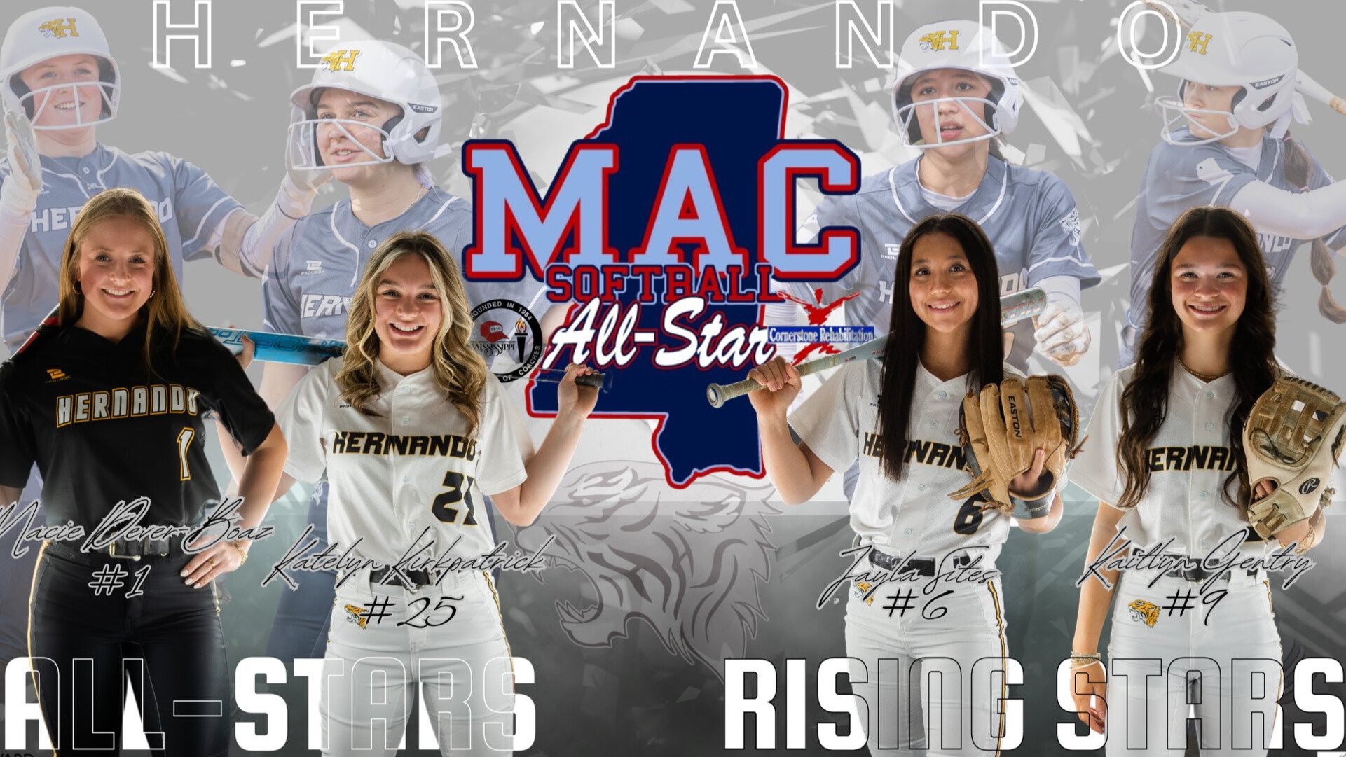 MAC Softball All-Star promotional image featuring four female softball players from Hernando. Two players on the left are labeled as 'All-Stars' and the two on the right are 'Rising Stars.' All are holding softball equipment, with Hernando uniforms. A large MAC Softball All-Star logo is in the background.
