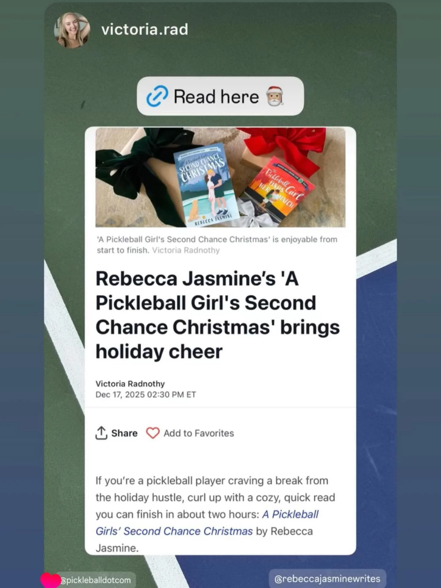 Check out my wonderful interview + article written by Victoria Radnothy of pickleball.com 💚❤️🎄

Read it here: https://pickleball.com/culture/rebecca-jasmines-a-pickleball-girls-second-chance-christmas-brings-holiday-cheer

Pickleball romance books!