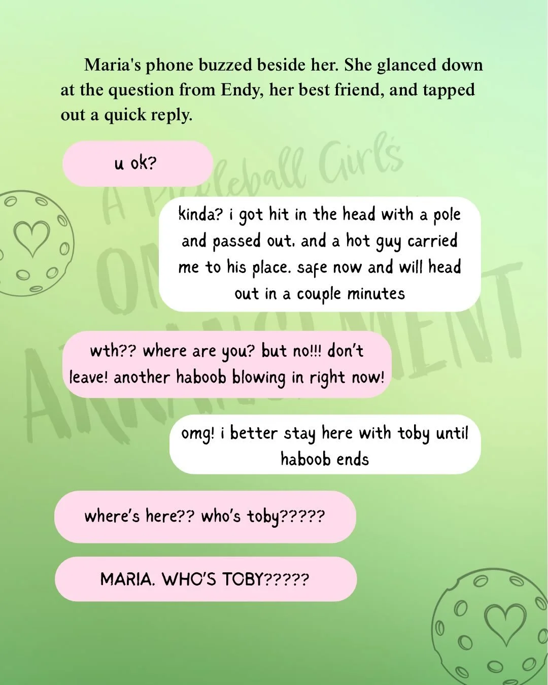 She said haboob, heh-heh. 😂 A Pickleball Girl&rsquo;s One-Week Arrangement releases April 28!

💚A PICKLEBALL GIRL&rsquo;S ONE-WEEK ARRANGEMENT coming on APRIL 28th!!!
🤫 Fake dating a pickleball pro
🏡 Small-town
😻 Fade-to-black &amp; closed door 