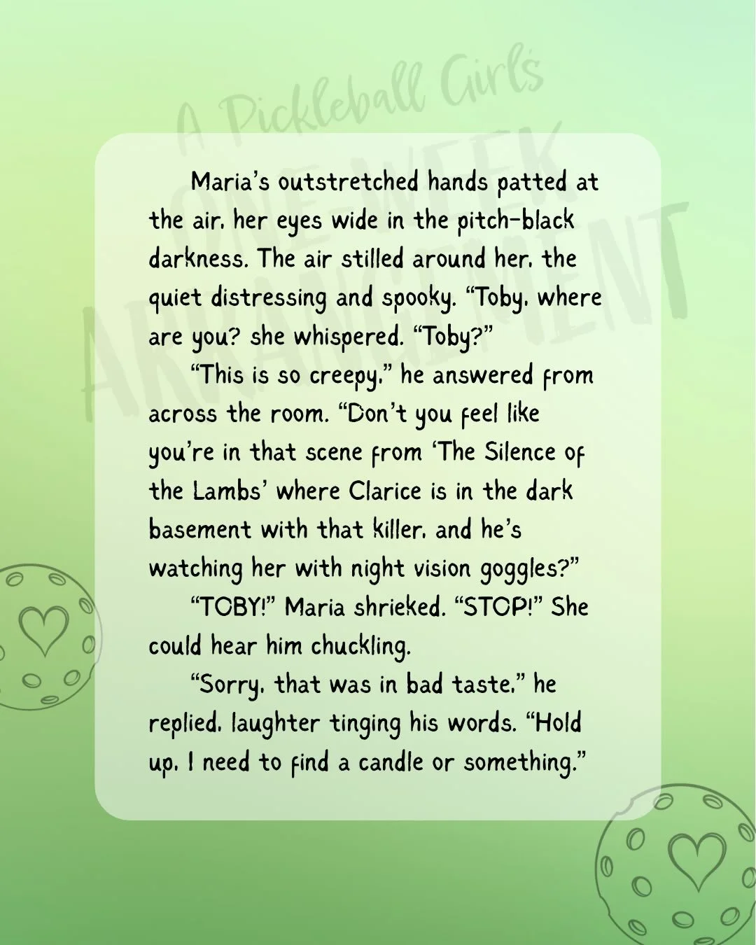 Nobody warns you about what happens after you meet a handsome pickleball pro. 😯💚

💚A PICKLEBALL GIRL&rsquo;S ONE-WEEK ARRANGEMENT coming on APRIL 28th!!!
🤫 Fake dating a pickleball pro
🏡 Small-town
😻 Fade-to-black &amp; closed door romance

 #F
