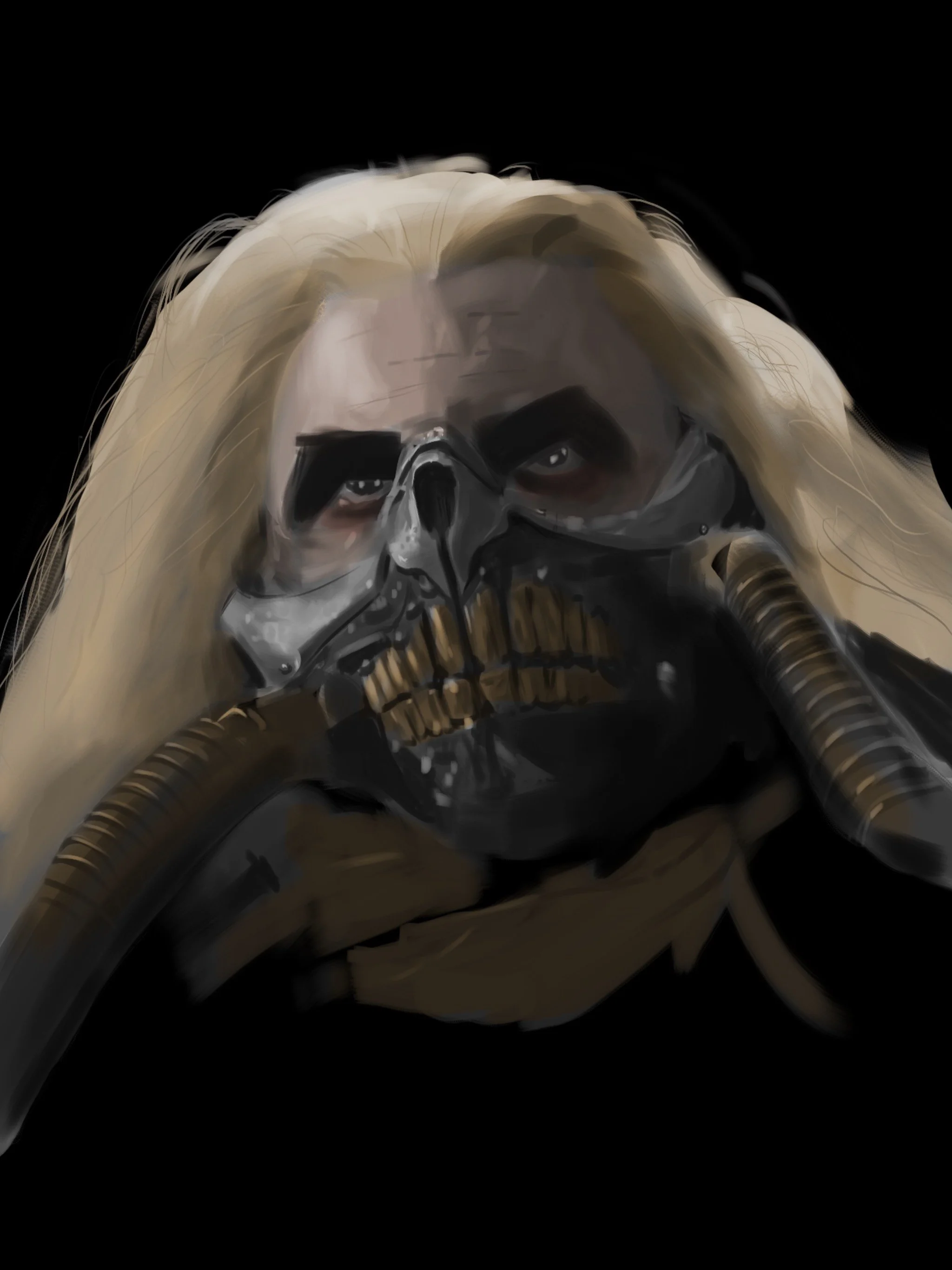 Illustration of a character with long hair wearing a menacing metallic mask covering the lower face, resembling a skeleton.