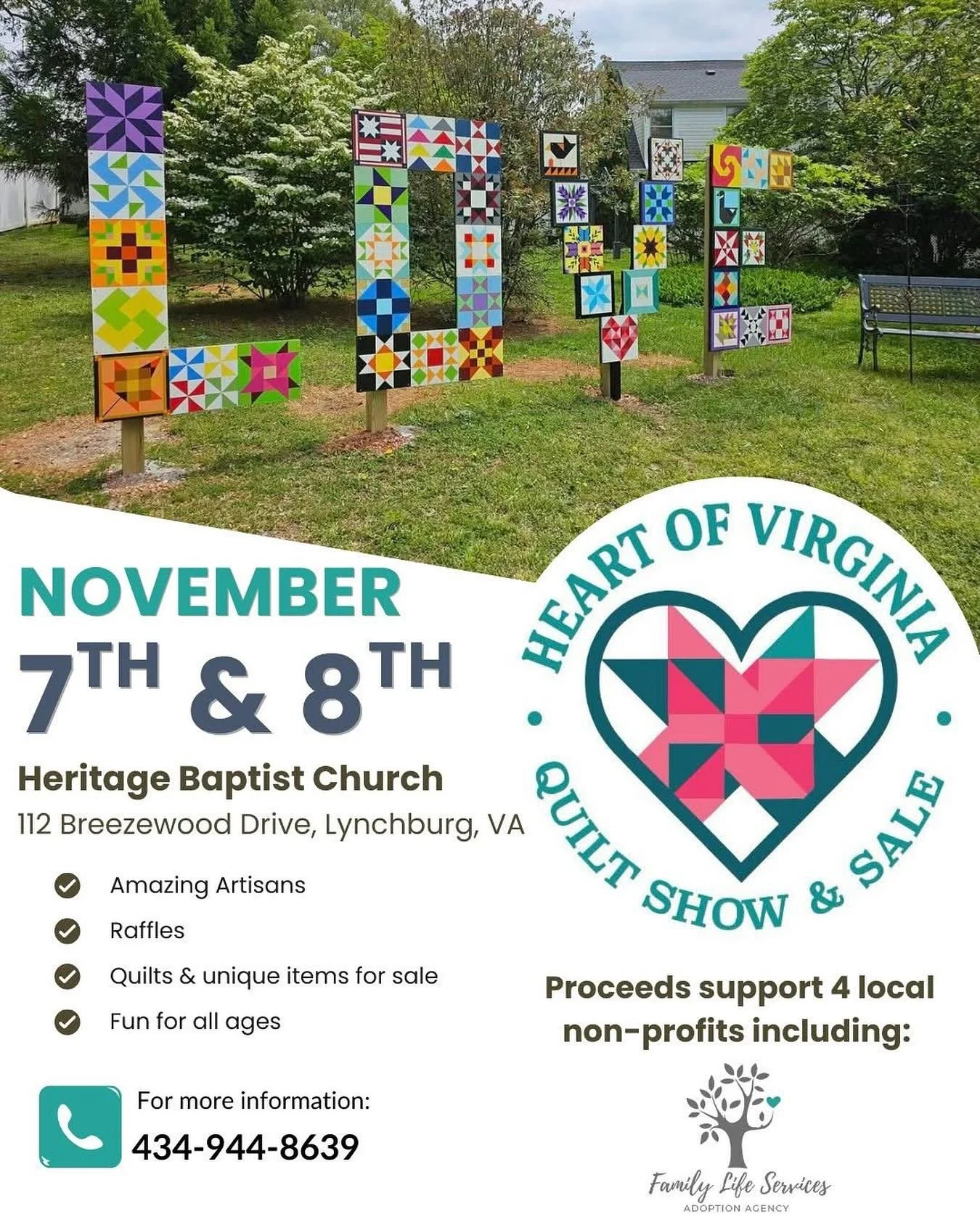 Mark your calendars for this special event in Lynchburg next month! We are honored the Heart of Virginia Quilt Show &amp; Sale chose FLS as one of the four local non-profits they wish to give back to. We look forward to being there!