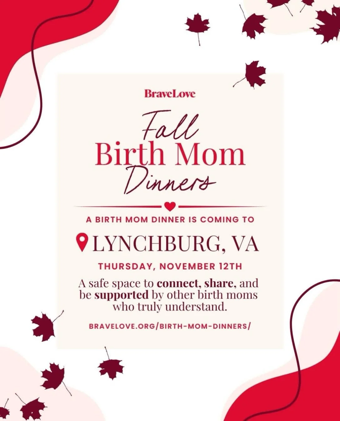 Virginia &amp; Lynchburg area birth moms, there&rsquo;s a seat at the table for you at the @joinbravelove Birth Mom Dinner on Thursday, November 12th! 

Whether you&rsquo;ve been connected with other birth moms for years or have never sat across the 