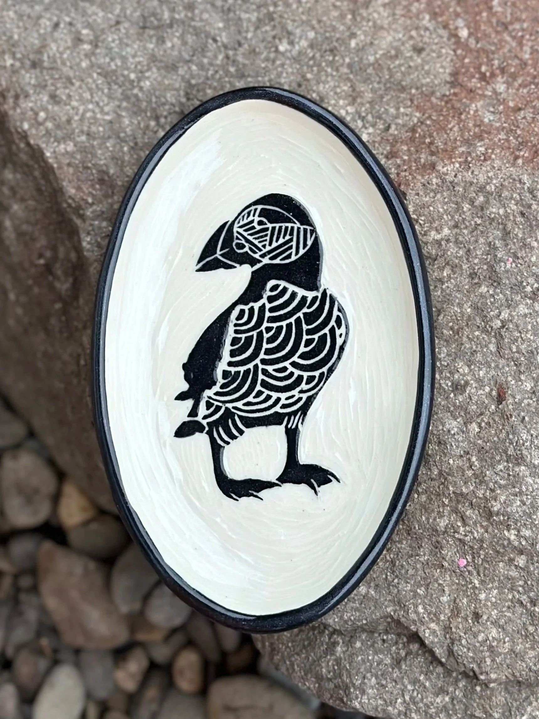 Sgraffito puffin platter by Pearl McCrea