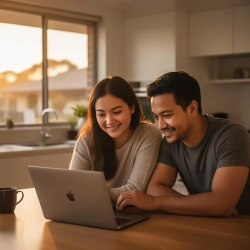 Couple checking their migration update on a laptop