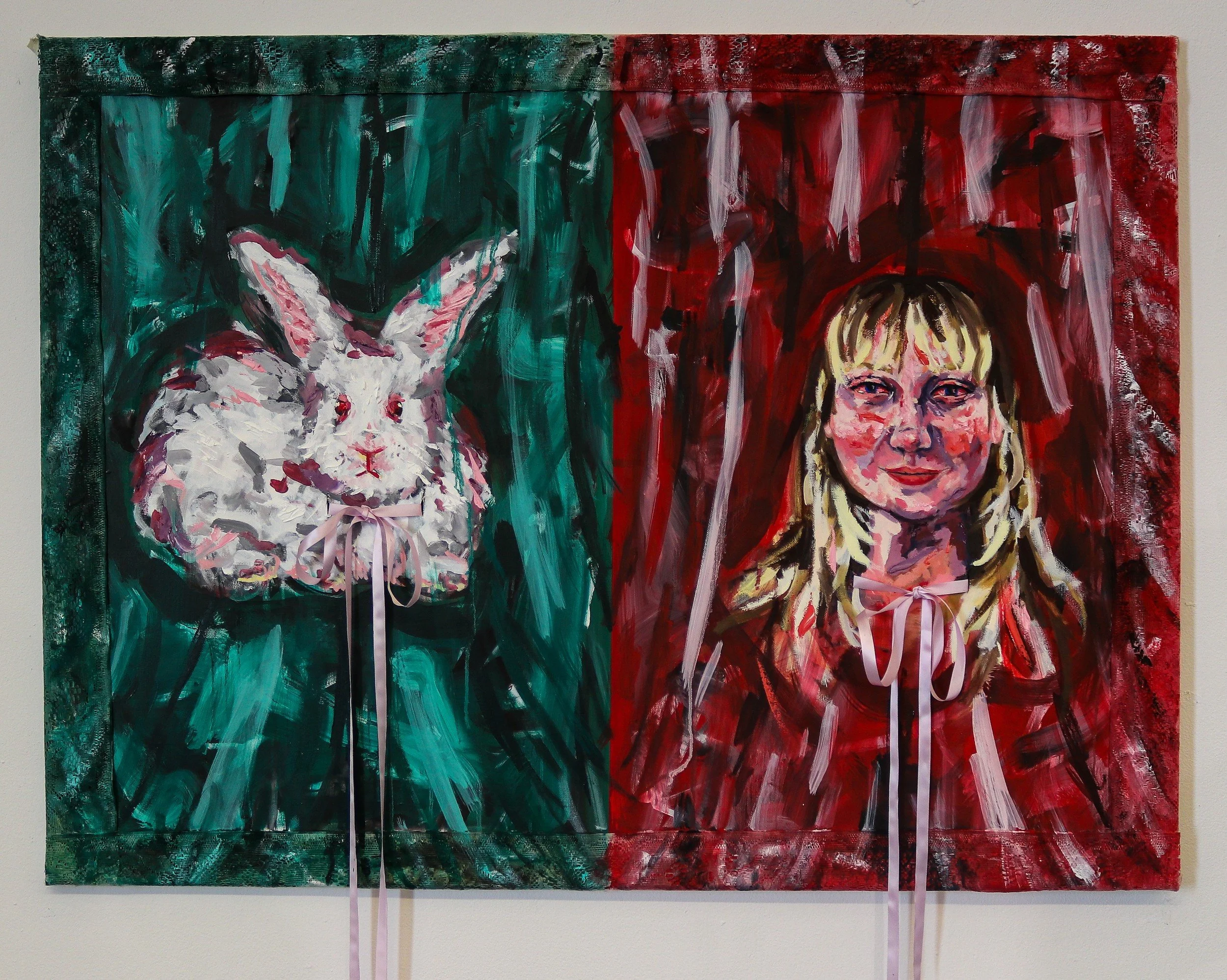 My Better Half, oil, lace, and ribbon on canvas, 30x40 in 2024