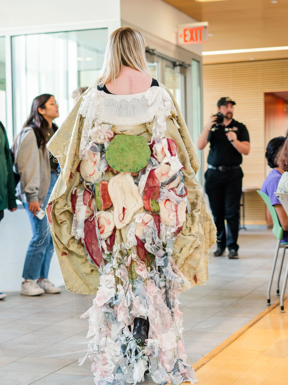 Wearable Sculpture
Approx 5’ x 2.5’ 
Felt, pins, lace, fabric, string, and acrylic paint 
2023