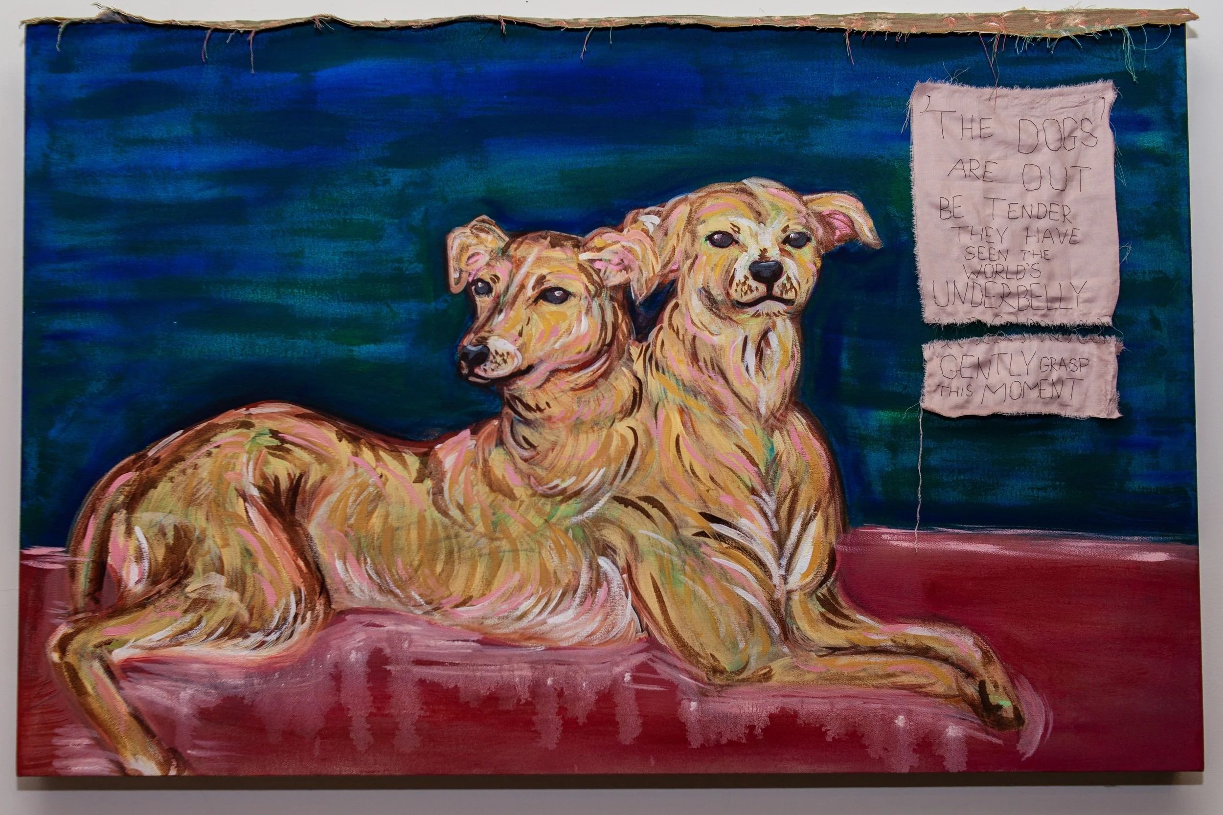 Double Dog  
24” x 38”
Oil paint and fabric with embroidery on canvas   
2023
