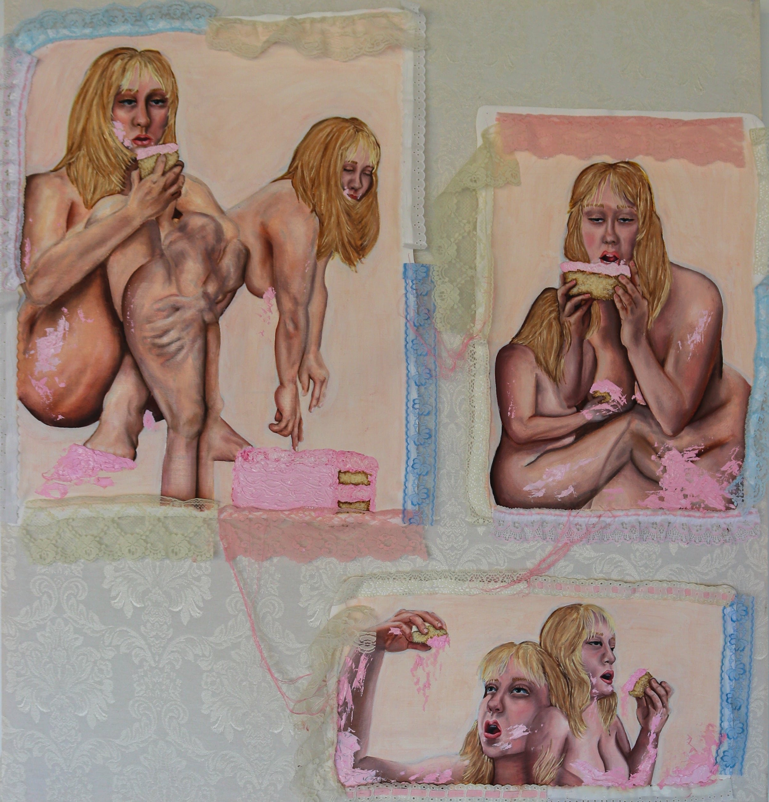 Untitled (Cake Painting) 
47.5” x 44.5”
Oil paint on canvas with string, lace, and fabric
2022