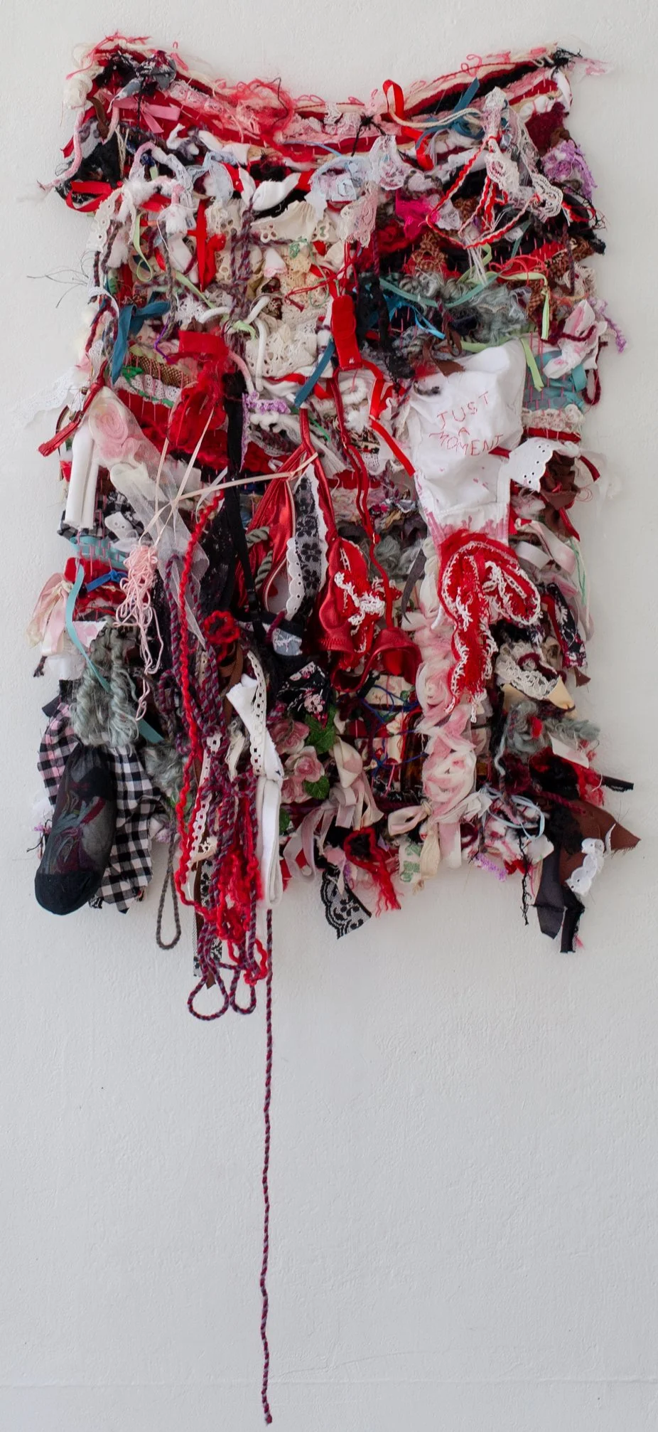 Tease 
24” x 12”
Fabric, yarn, ribbon, rope, and other found materials
2023