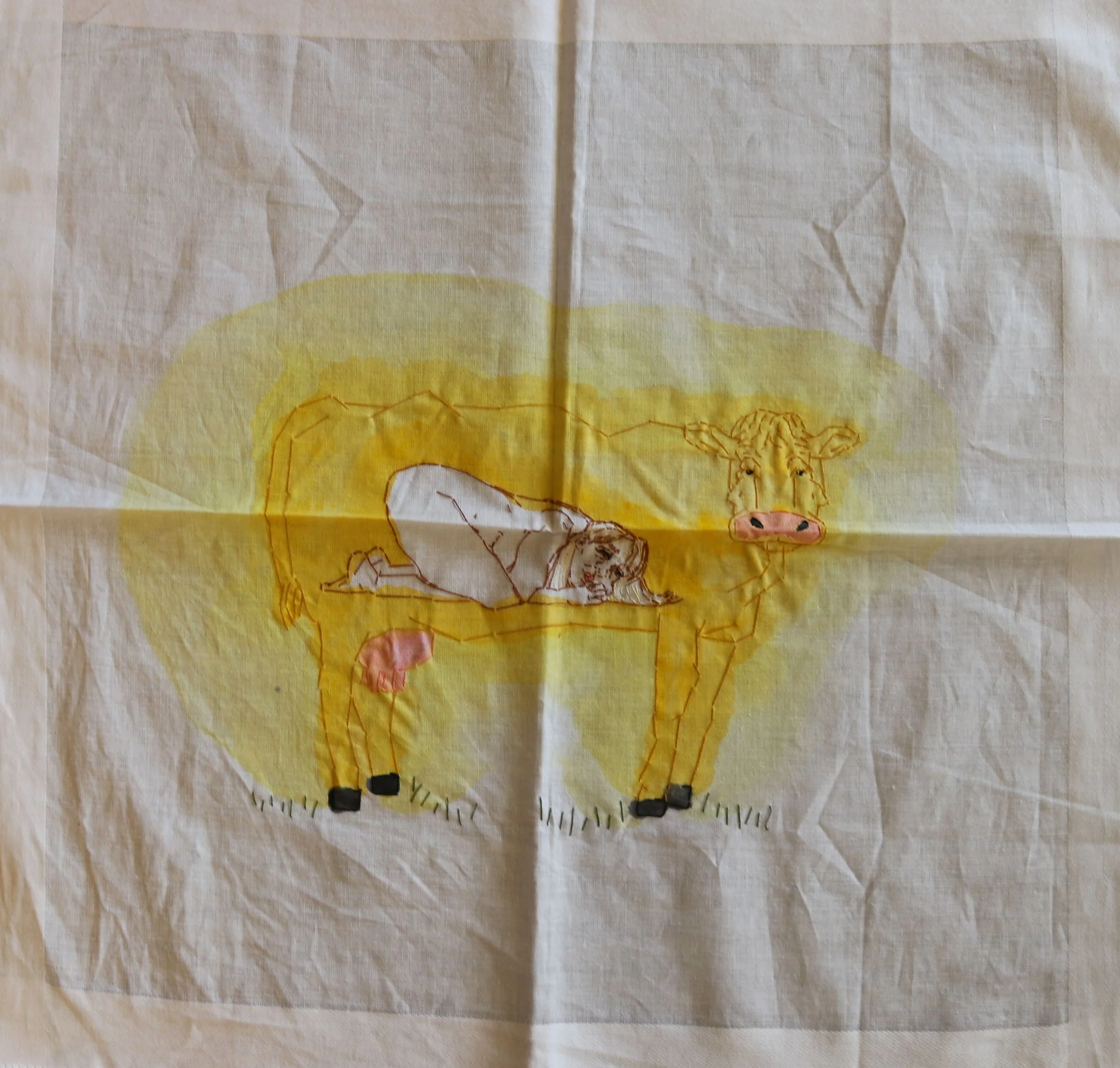 Mother, 15” x 15”
Acrylic paint and embroidery thread on a handkerchief
2023