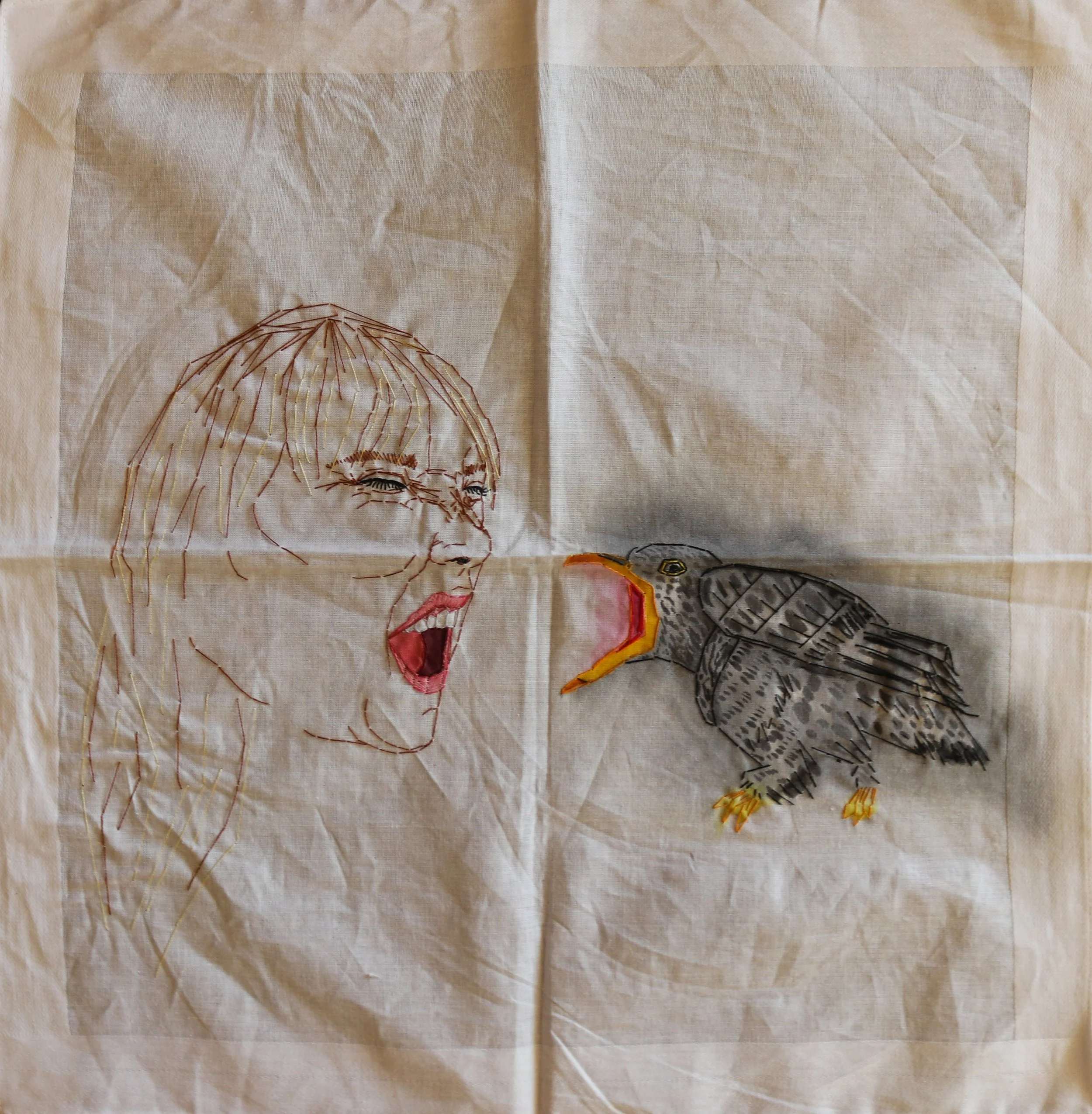 Harbinger
15” x 15”
Acrylic paint and embroidery thread on handkerchief
2023