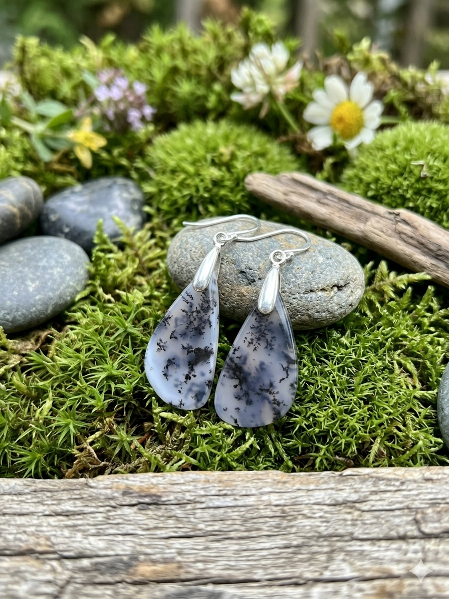 Natural Dendritic Agate Slice Earrings on Sterling Silver Plated Hooks