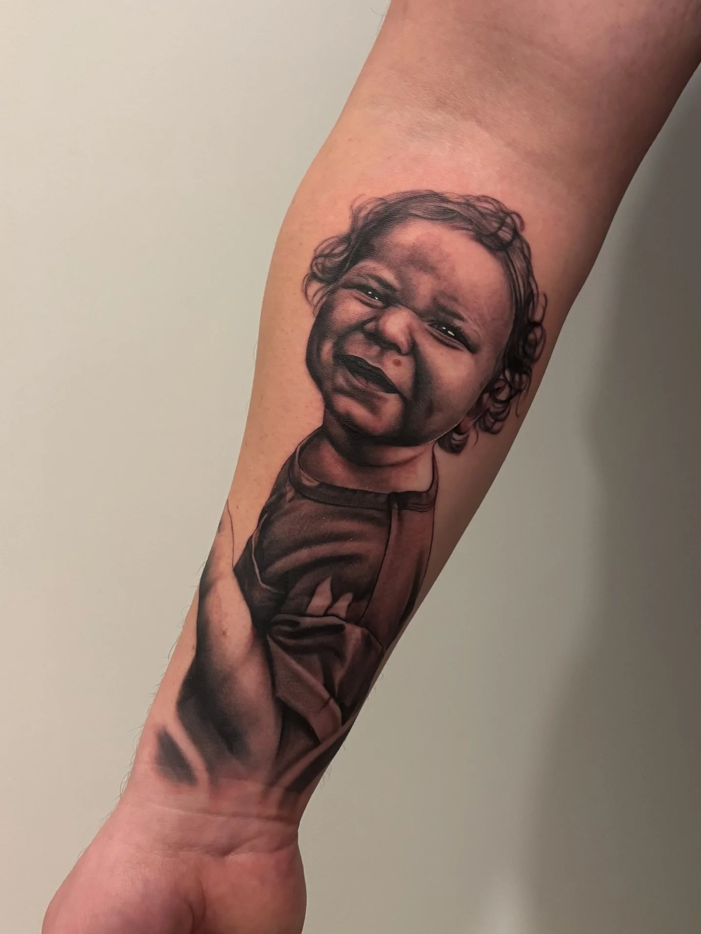 Super sweet portrait I got to do recently of my friends baby boy, on her husband! 🥹 full circle moment, and such an honour being trusted to do such a special tattoo for someone I know. We&rsquo;ll be adding background to this piece in a few weeks! 
