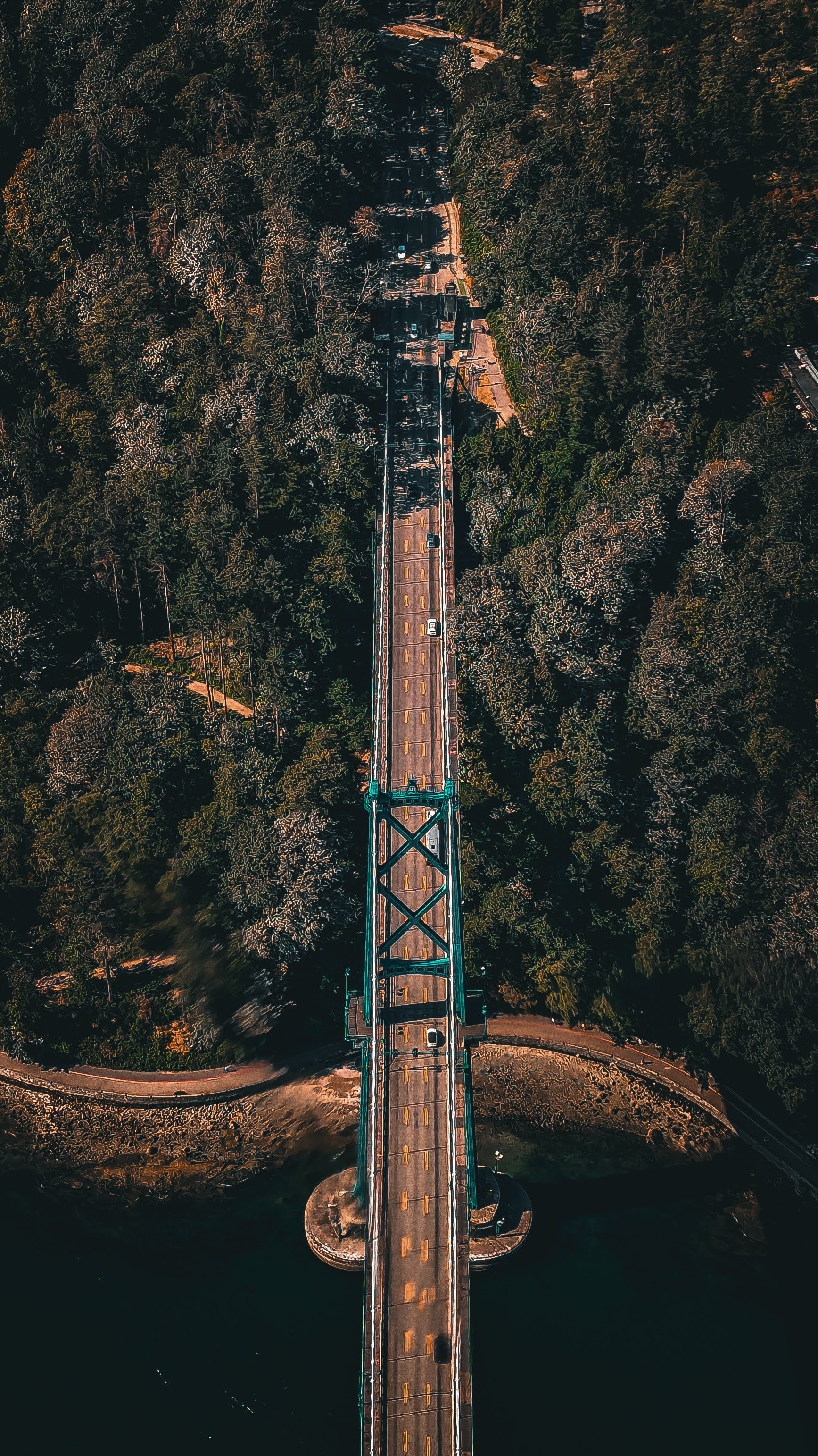 An aerial view of Vancouver's Lion's Gate Bridge with vehicles crossing over a body of water, surrounded by the dense forested area of Stanley Park.