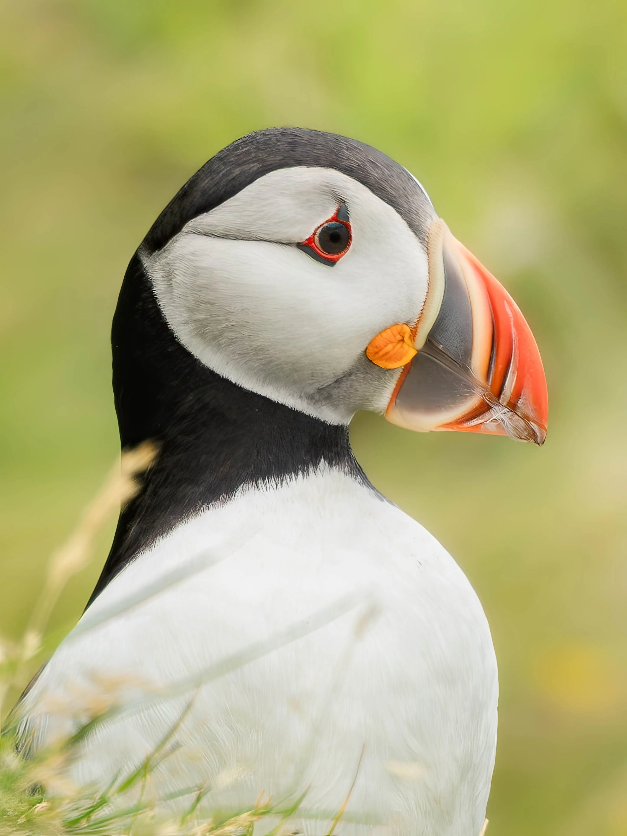 A close-up of an Atlantic puffin bird with black and white feathers, an orange beak, and a colorful background.